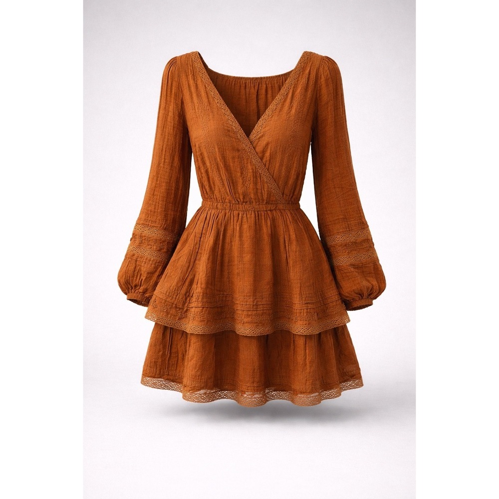 American Eagle Rust Brown Embroidered Lace Tiered‎ Mini Dress Long Sleeve Medium